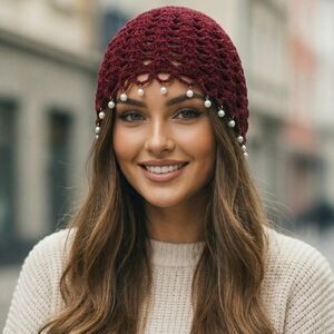 Crochet Beanie Faux Pearl Tassels Burgundy